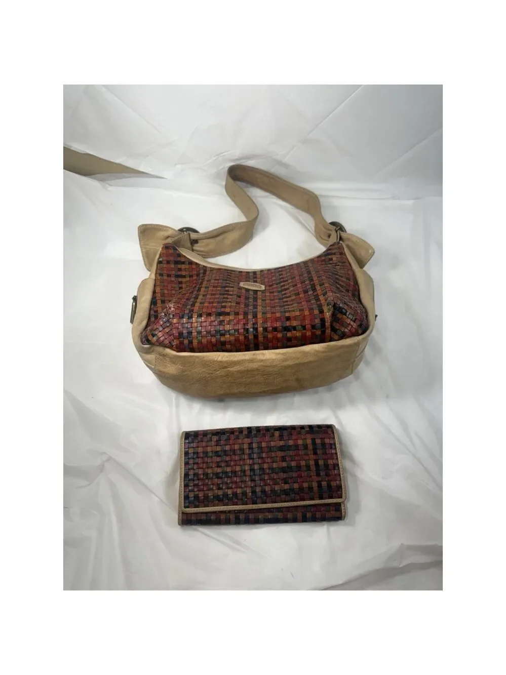Vintage Avorio Leather Woven Hobo Bag Purse with matching wallet